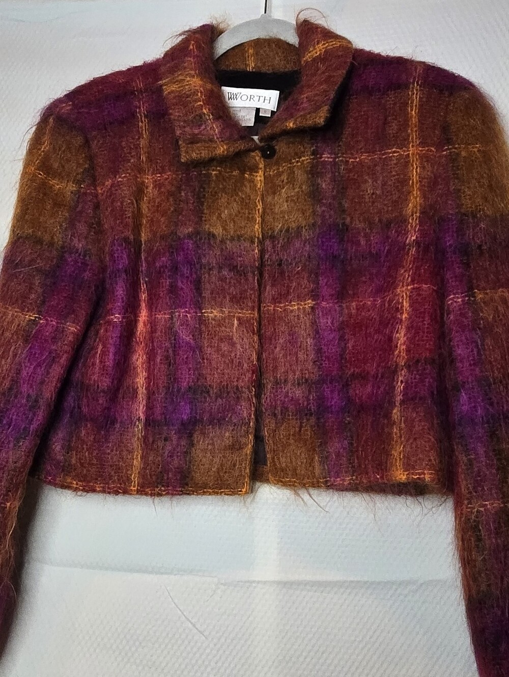Worth Cropped Plaid Mohair Jacket in Purple and Mustard Yellow